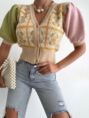 ZARA KNIT JACQUARD CARDIGAN SHORT PUFF SLEEVES PINK YELLOW